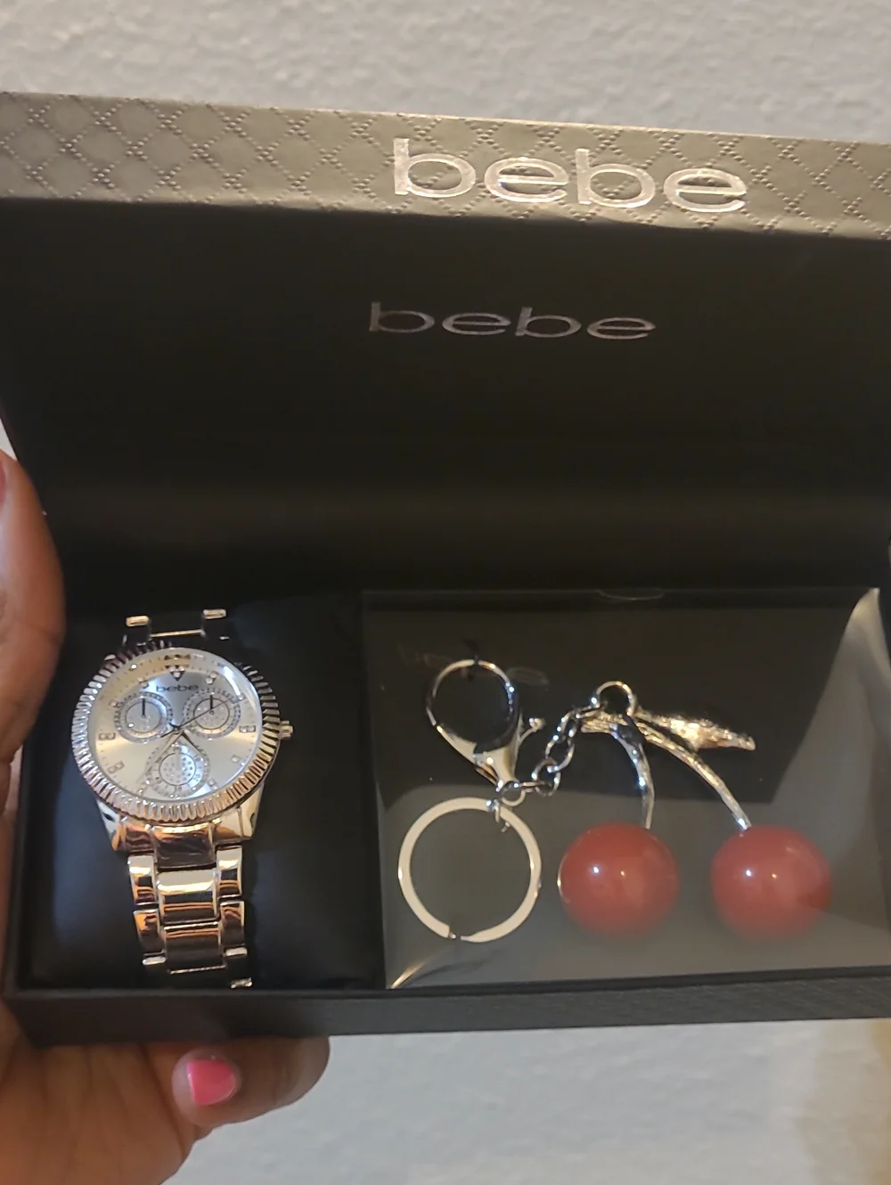 bebe Silver Women's Watch with Red Cherry Keychain